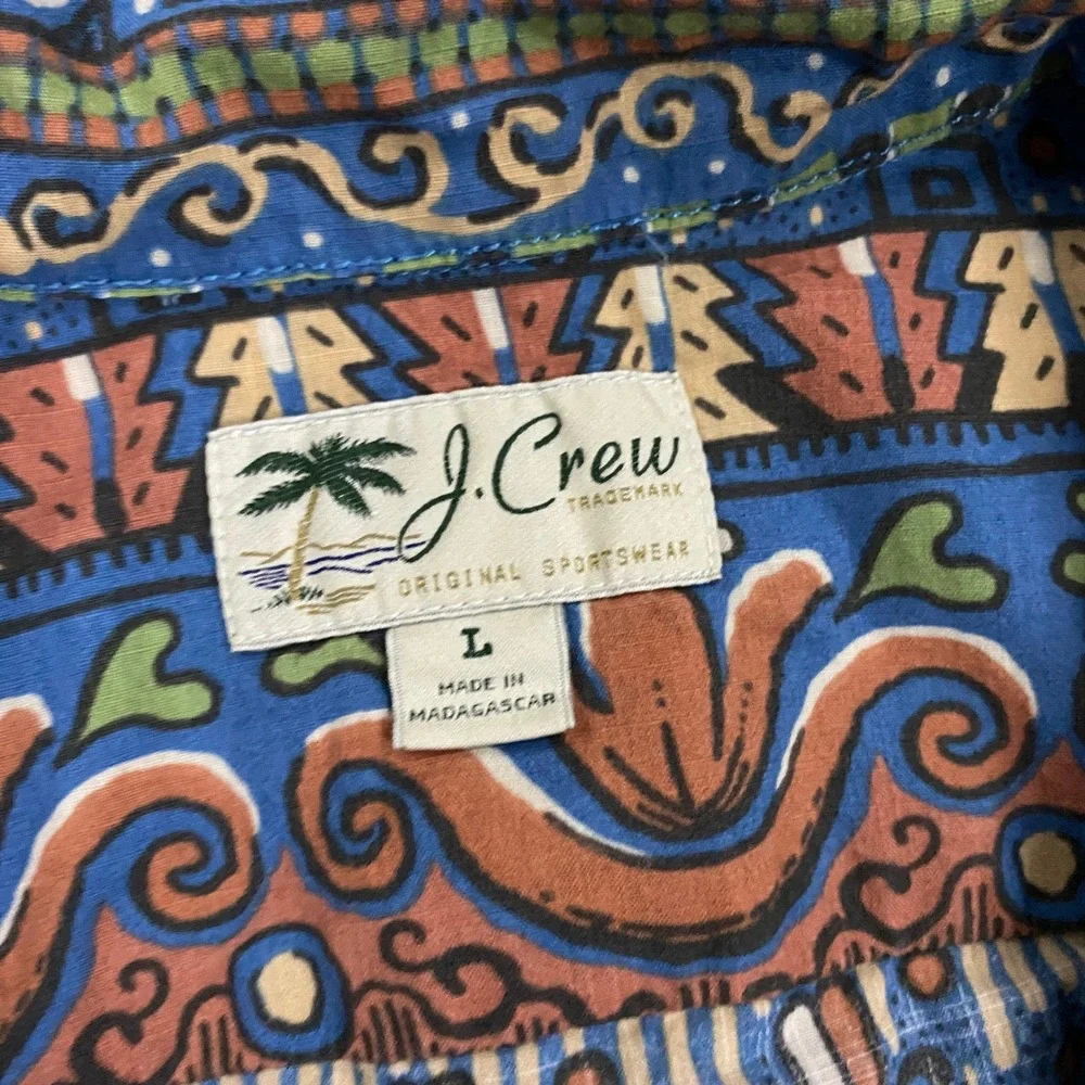 J. Crew Shirt Mens Large Blue Hawaiian Tribal Batik Print Camp Loop Collar